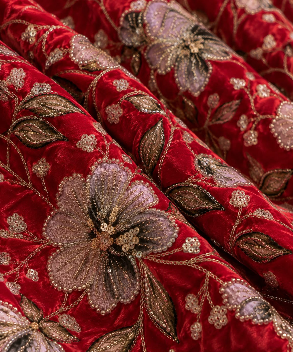 FAB 1 – red embroidered velvet fabric