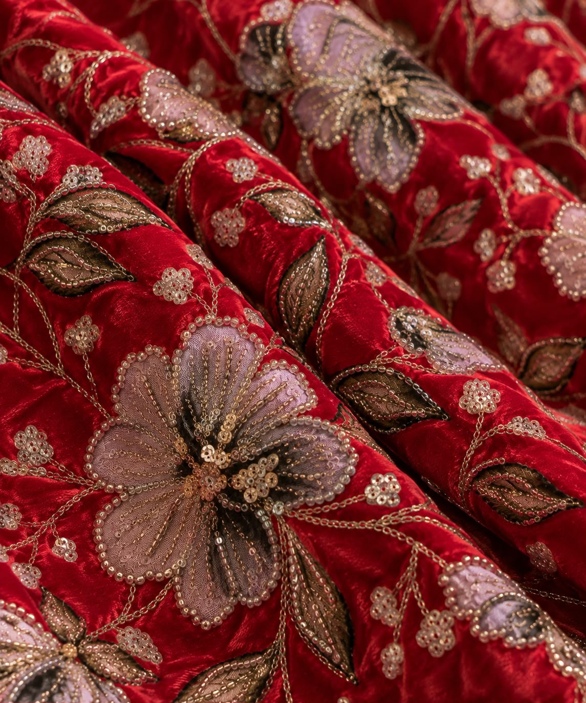 FAB 1 – red embroidered velvet fabric