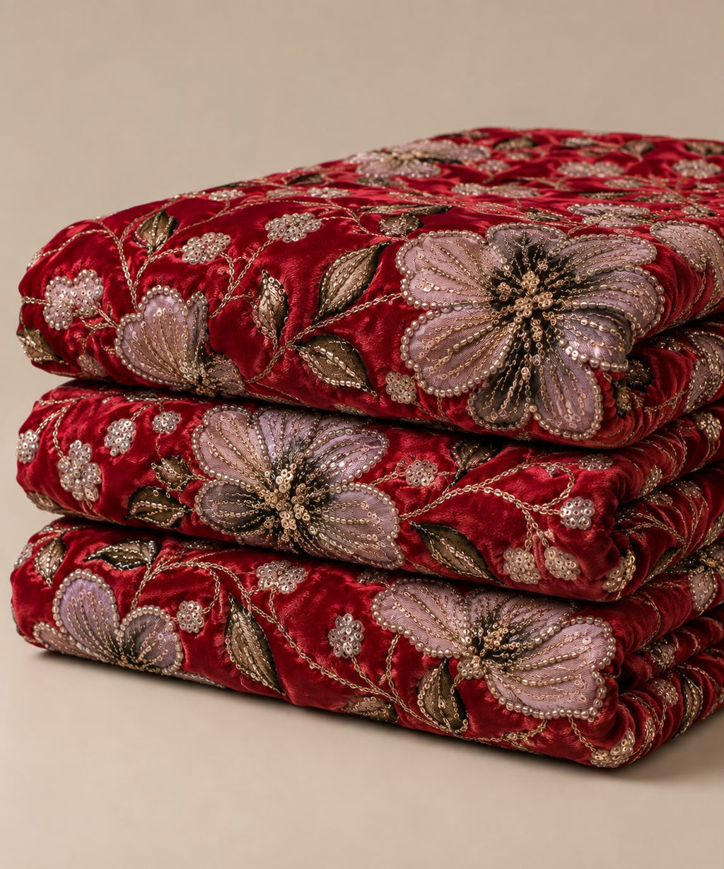 FAB 1 – red embroidered velvet fabric