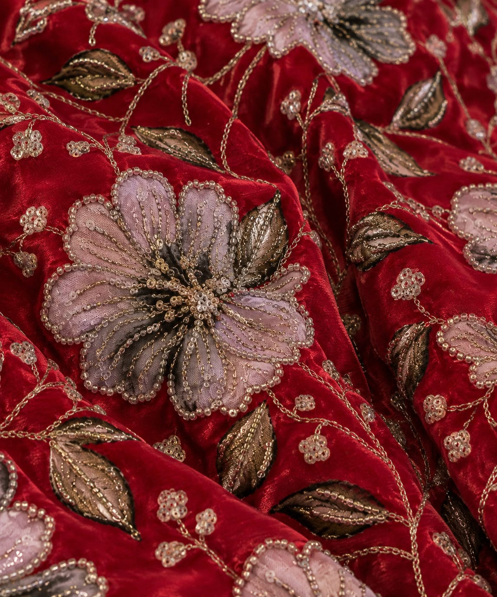 FAB 1 – red embroidered velvet fabric