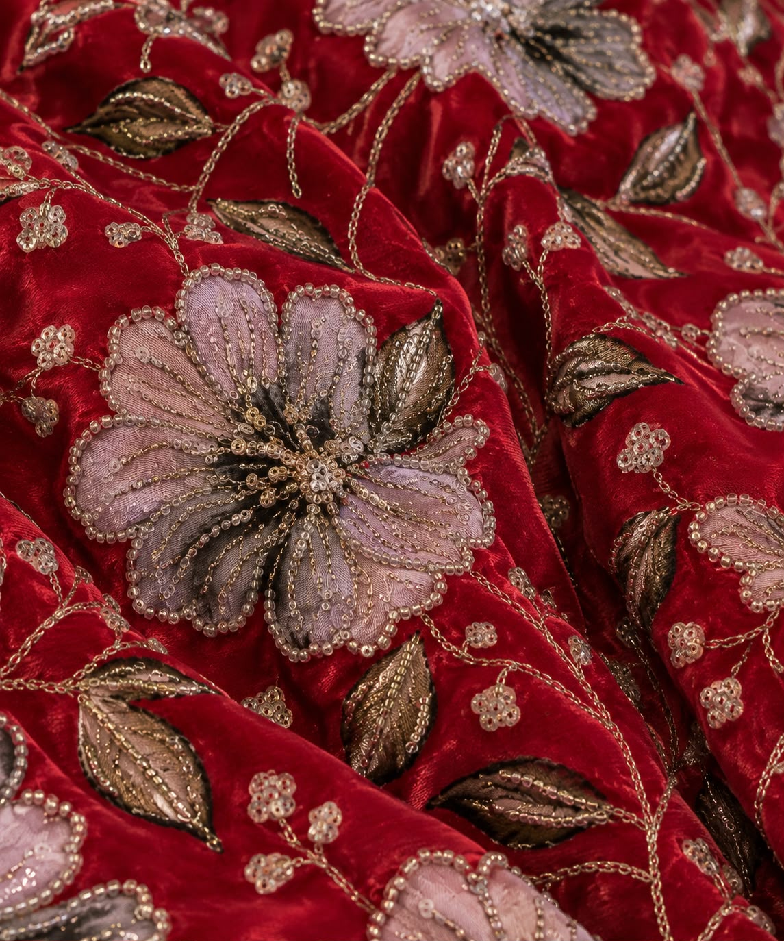 FAB 1 – red embroidered velvet fabric