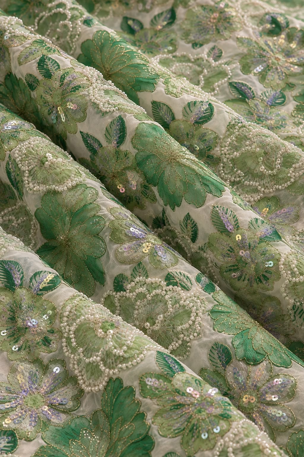 FAB 2 – green embroidered floral fabric