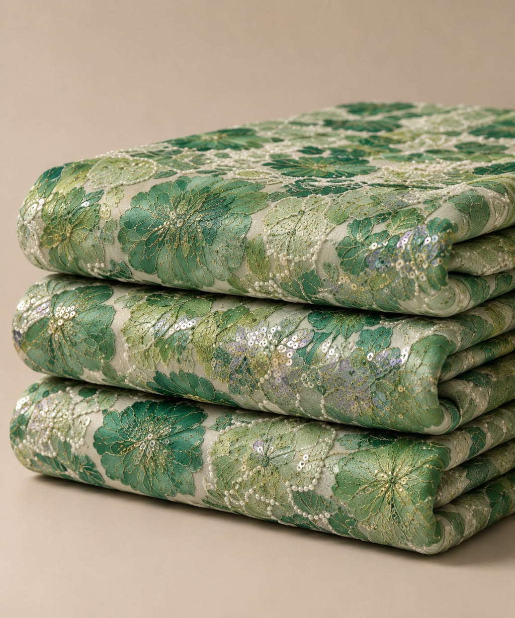 FAB 2 – green embroidered floral fabric