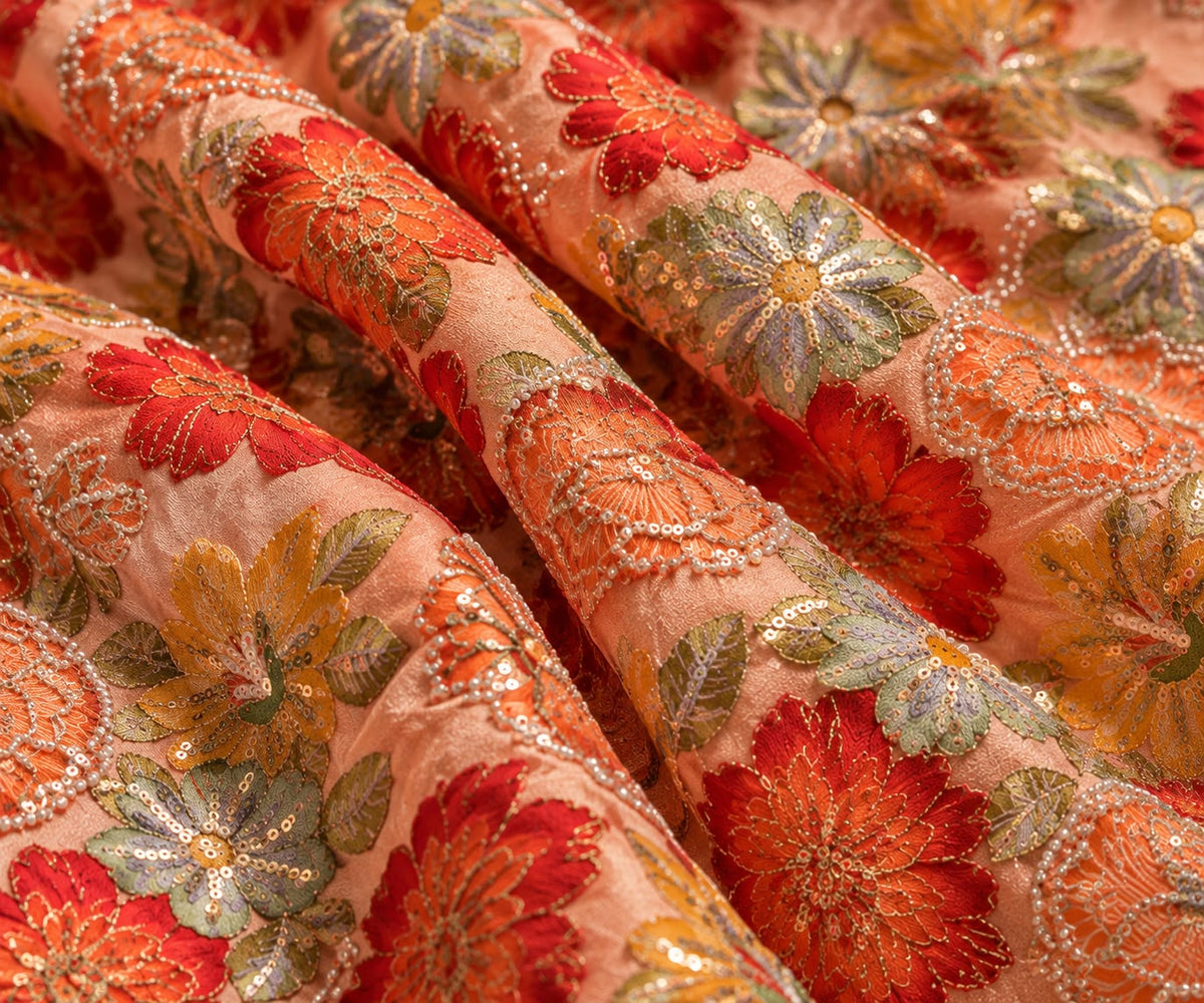 FAB 3 – peach embroidered floral fabric