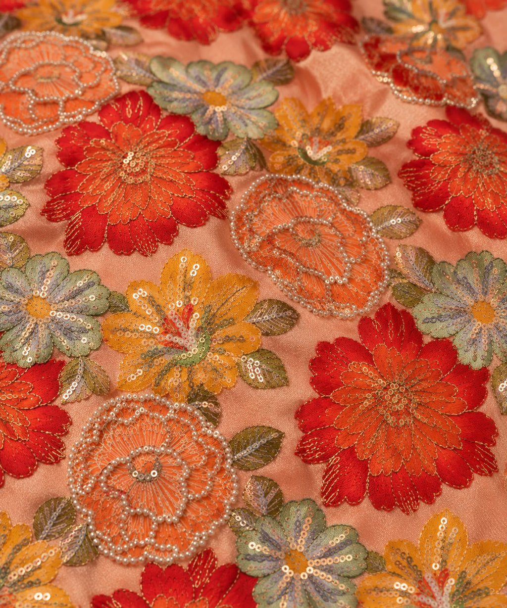 FAB 3 – peach embroidered floral fabric