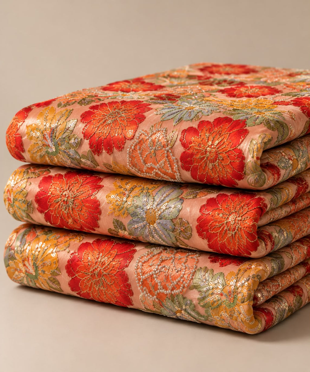 FAB 3 – peach embroidered floral fabric