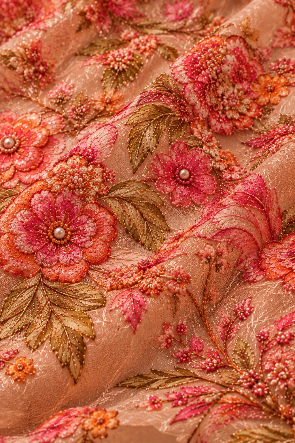 FAB 5 – pink and coral embroidered fabric