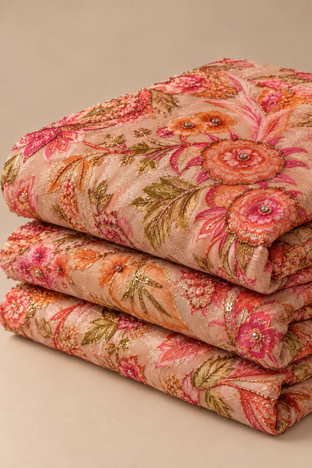 FAB 5 – pink and coral embroidered fabric