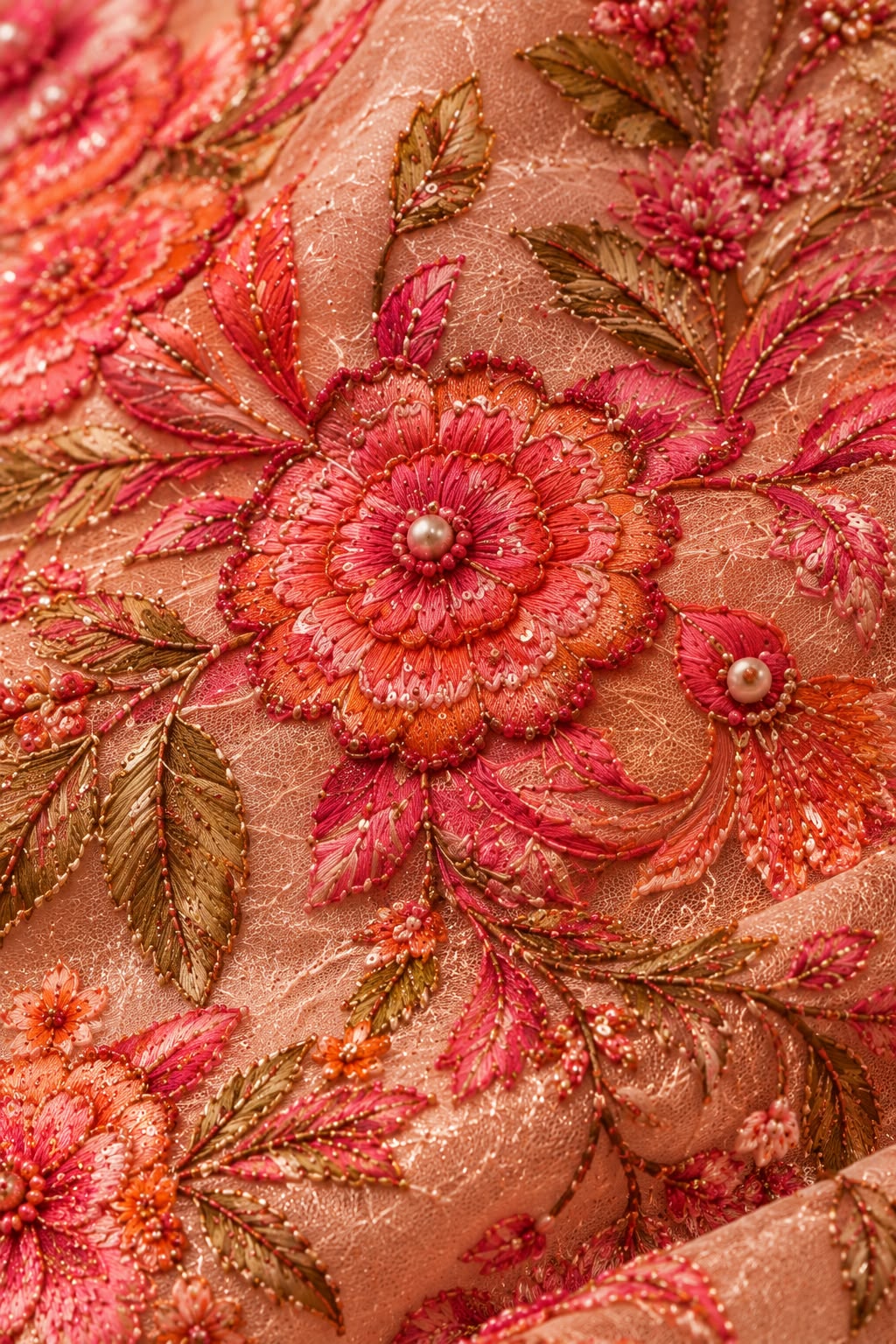 FAB 5 – pink and coral embroidered fabric