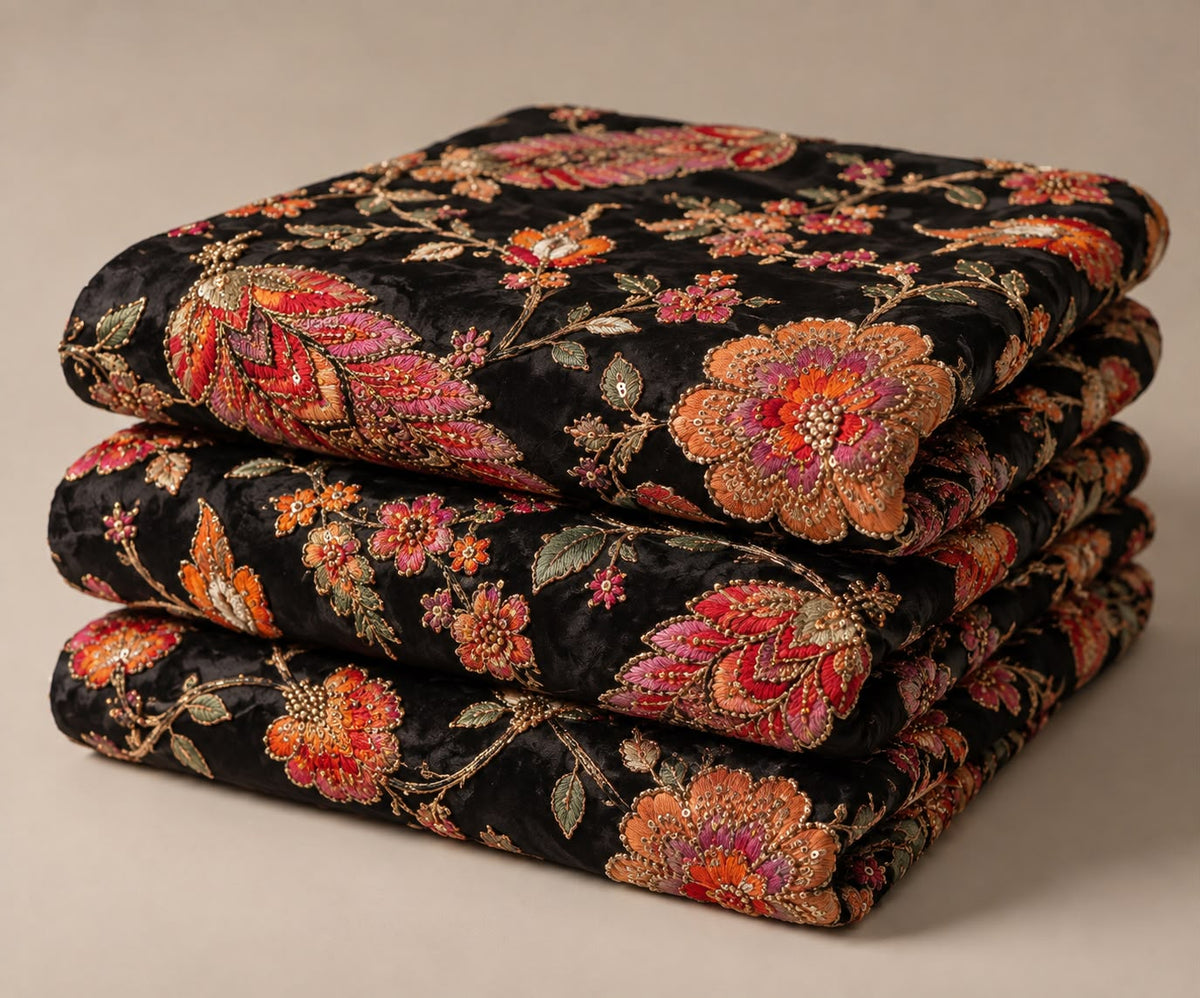 FAB 8 – black embroidered floral fabric