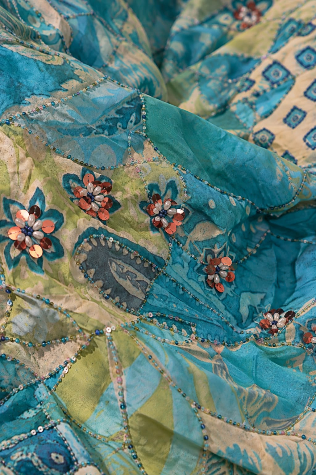 FAB 6 – turquoise embroidered patchwork fabric