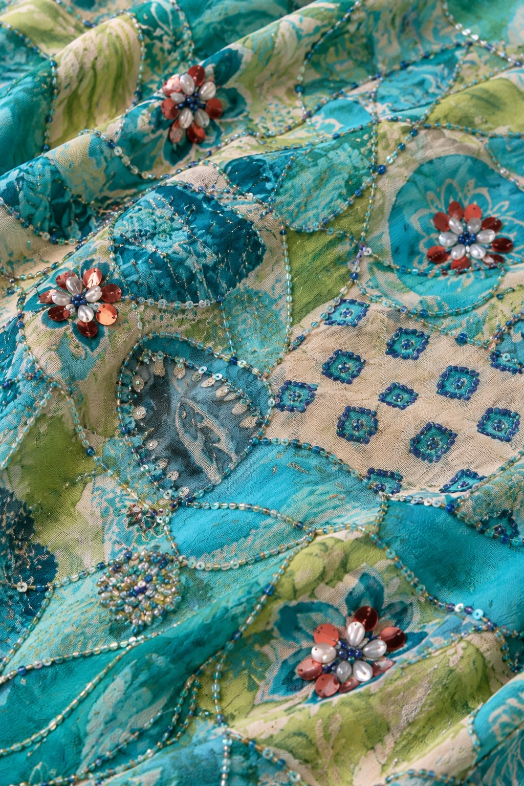 FAB 6 – turquoise embroidered patchwork fabric