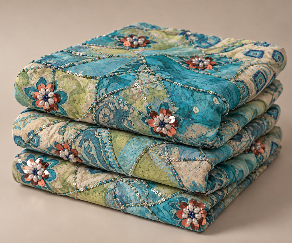FAB 6 – turquoise embroidered patchwork fabric