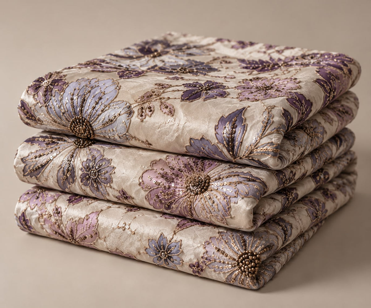 FAB 7 – ivory and lilac embroidered fabric