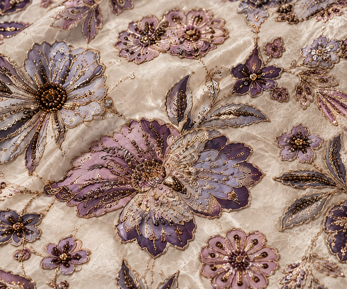 FAB 7 – ivory and lilac embroidered fabric