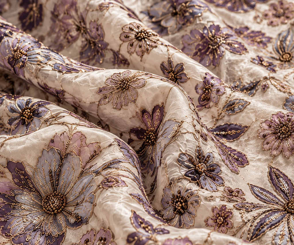 FAB 7 – ivory and lilac embroidered fabric